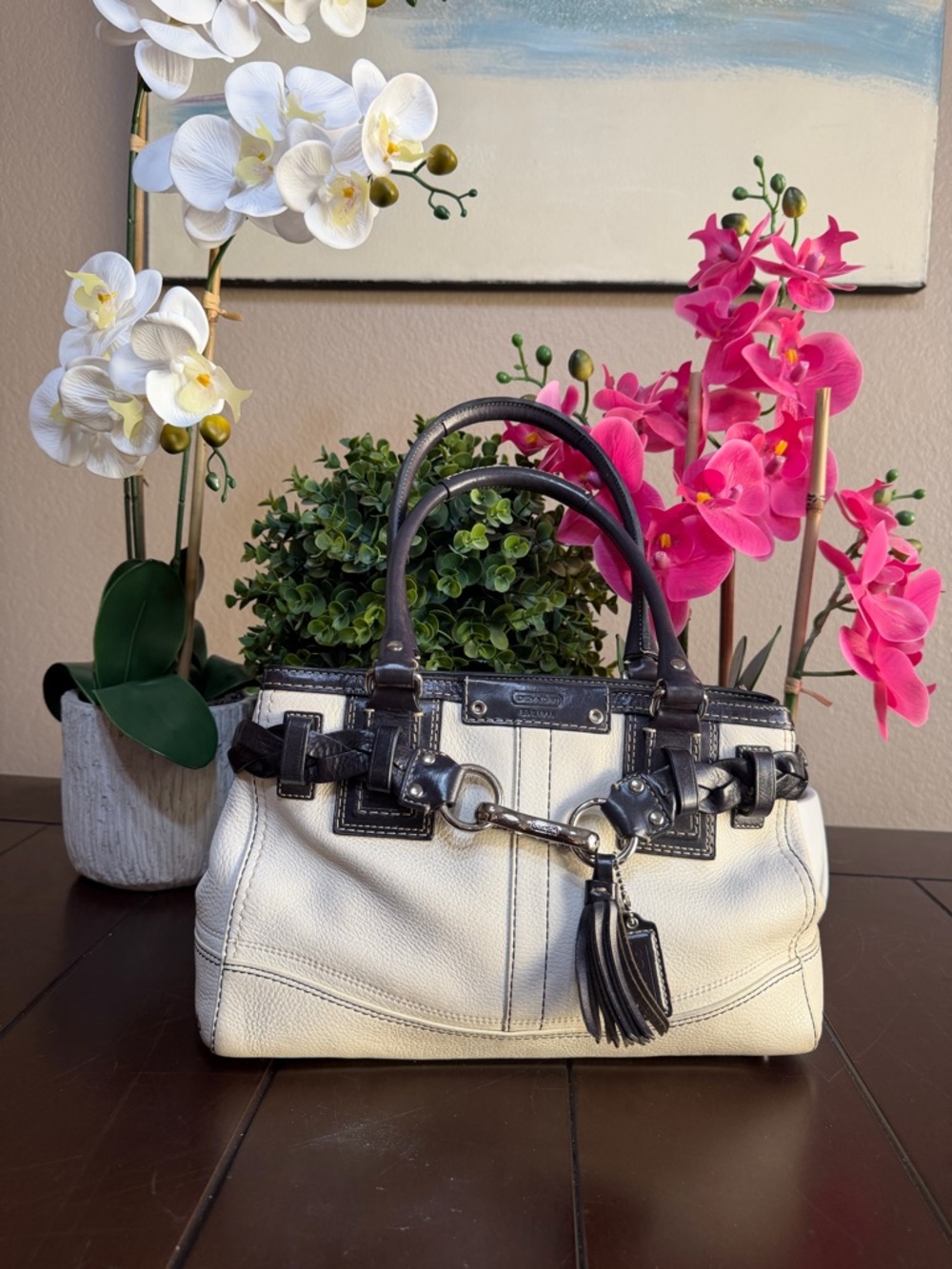 Coach Hampton braided satchel in white and black pebble leather